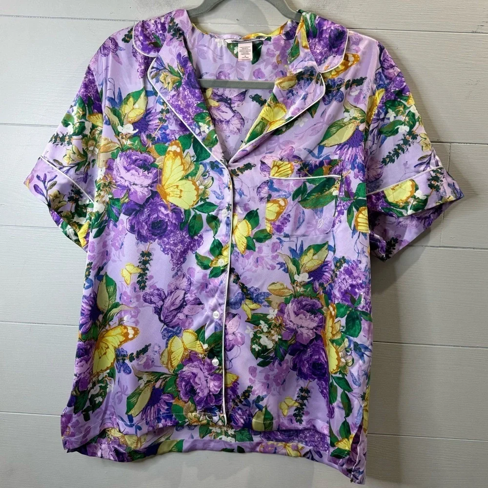 Victoria's Secret NWOT Floral Purple Satin Pajama Top Size Medium